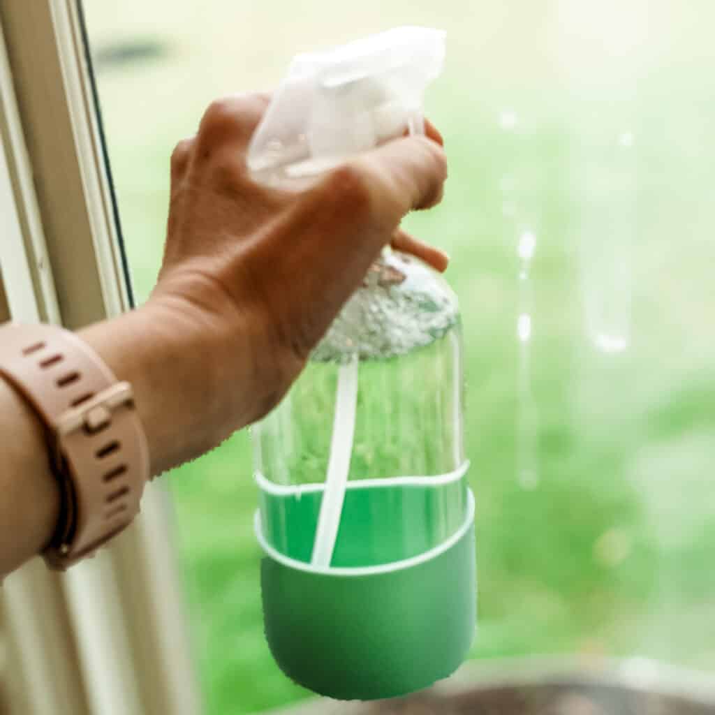 Cleaning windows with the DIY glass cleaner.