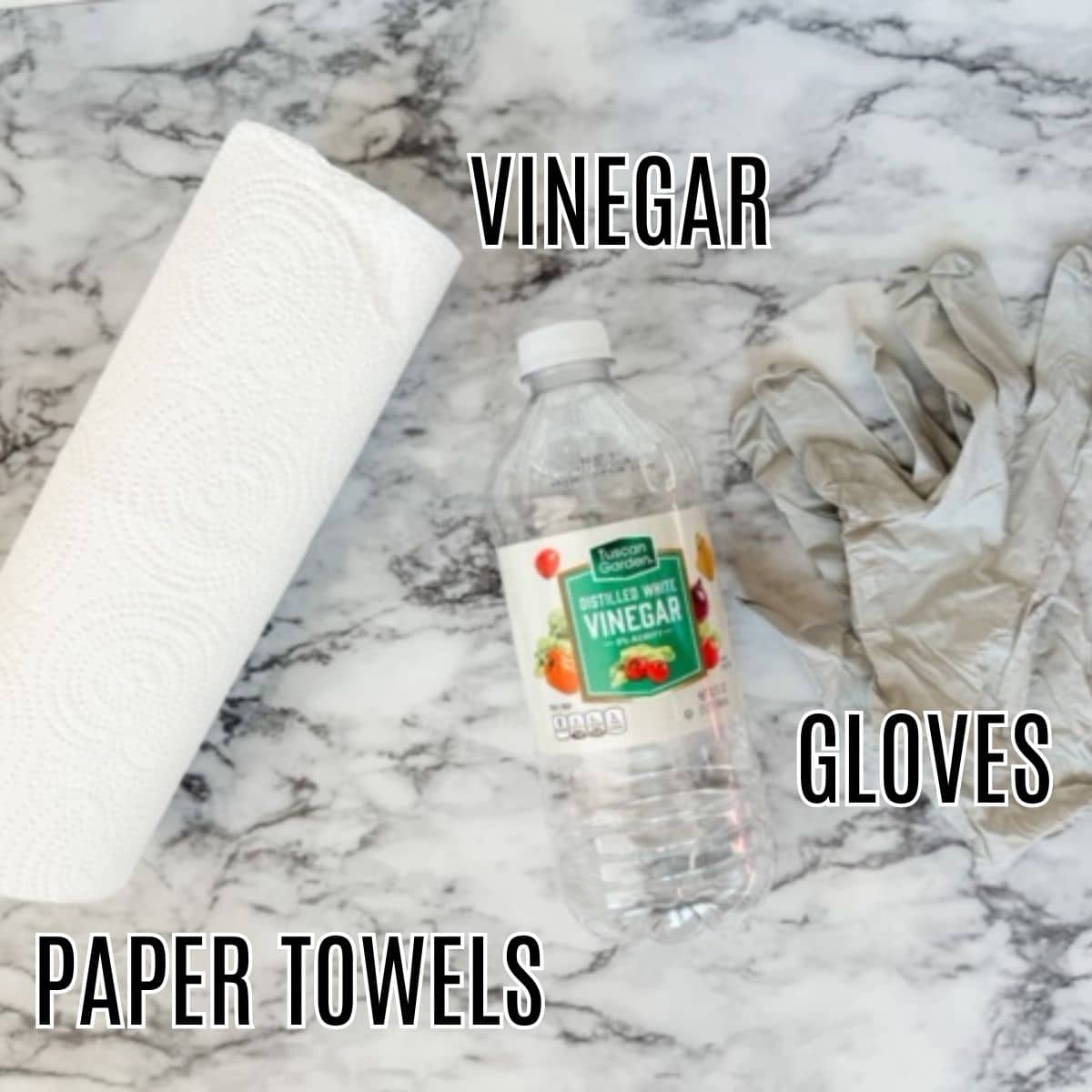 vinegar, paper towels, and gloves to clean toilet stains