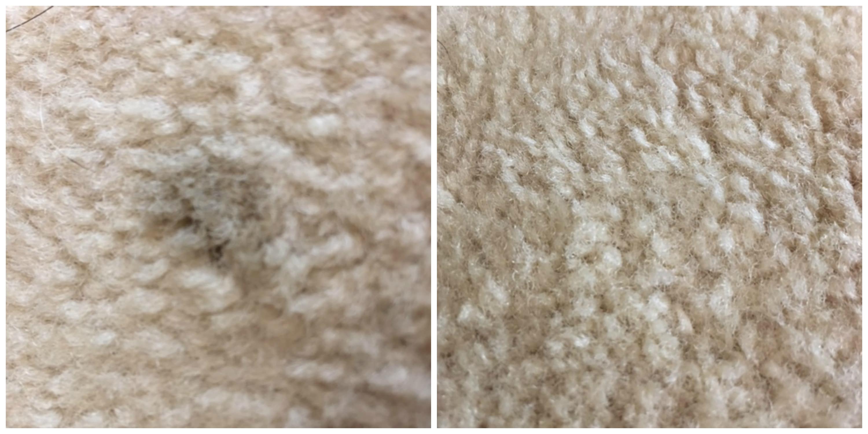 The before and after of cleaning the carpets with the hydrogen peroxide solution.