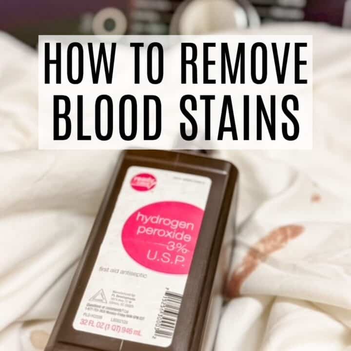 Picture of sheets with blood stain and hydrogen peroxide bottle with words how to remove blood stains