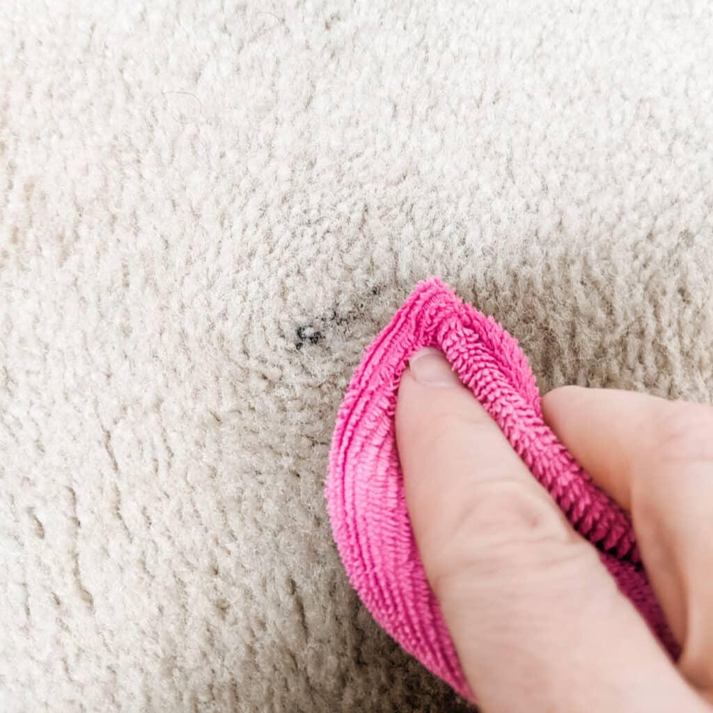 blotting away mascara stain on the carpet