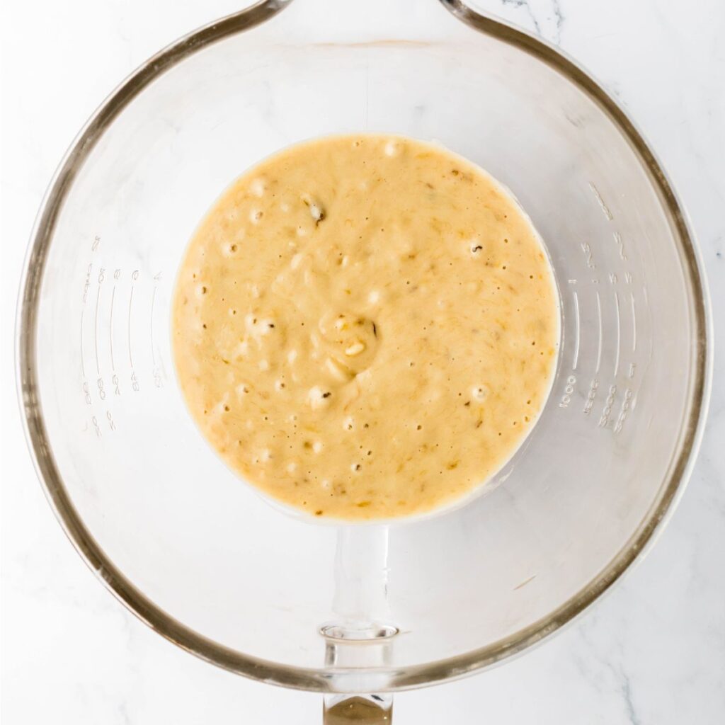 Bob Evans Banana Bread batter in a bowl.