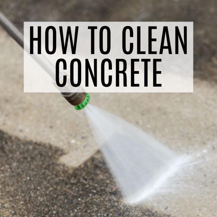 picture of concrete patio being cleaned with words how to clean concrete